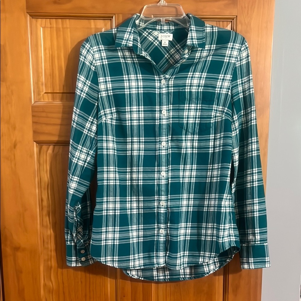 J. Crew Factory Teal Green Plaid Flannel Women's Top
